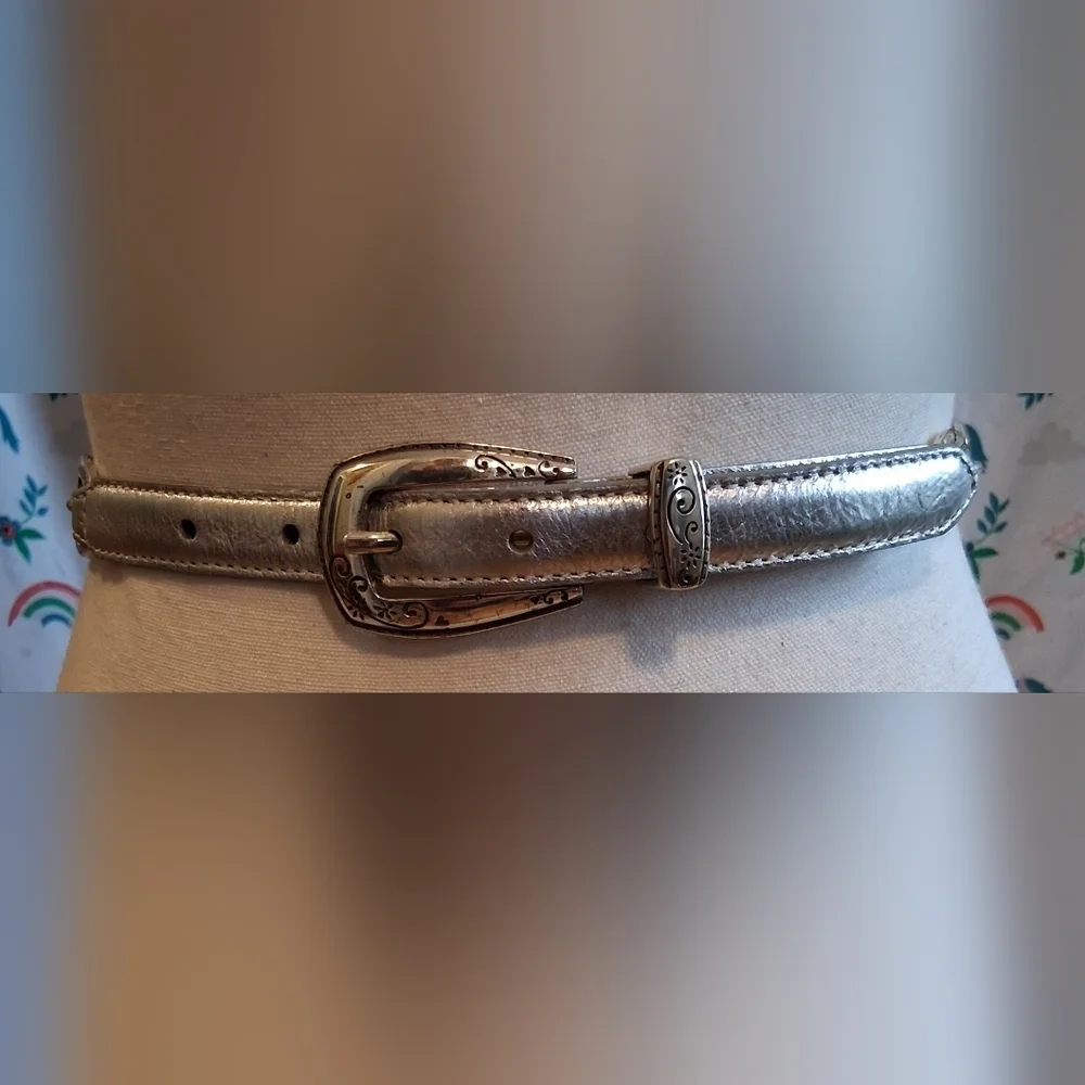 Vintage Y2K Brighton Silver Leather Boho Casual Everyday Belt w/ Hearts 36in